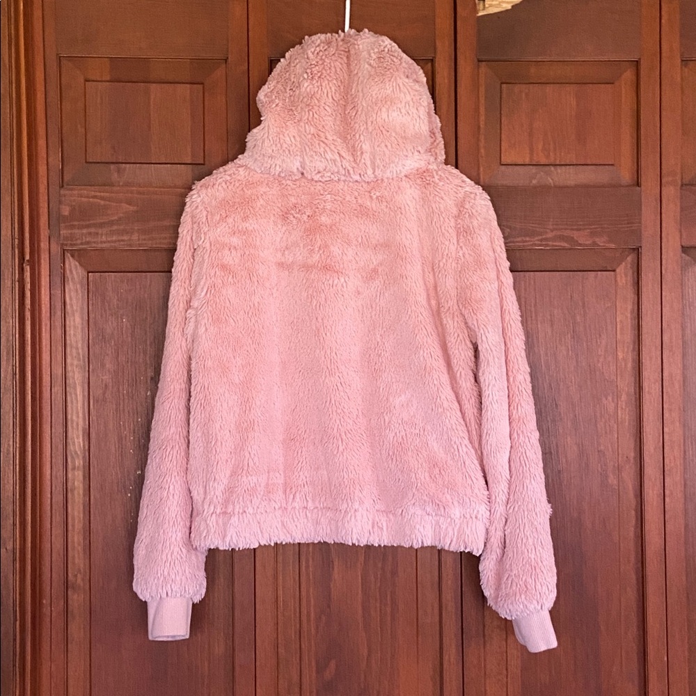 F21 Pink Faux Fur Hooded Jacket w/Black Trim and Satin Lining Medium - Picture 12 of 13